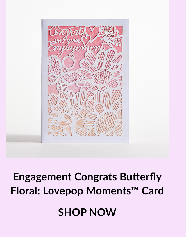 A delicate card with a floral and butterfly design, featuring the message ''Congrats on Your Engagement'' in elegant lettering.