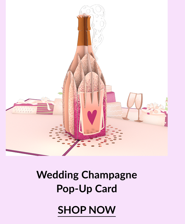 A festive pop-up card featuring a champagne bottle with a heart, surrounded by gifts and toasting glasses, perfect for weddings.