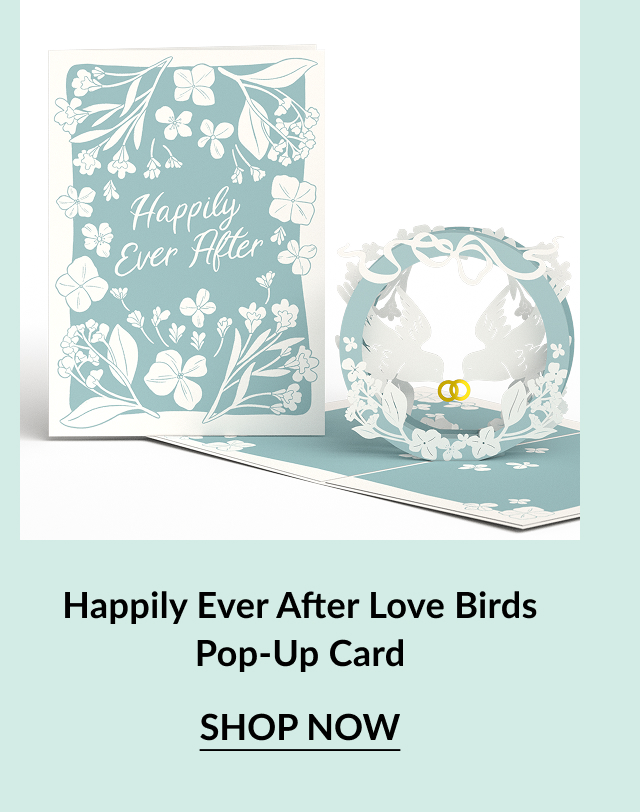 A pop-up card featuring love birds and floral design with ''Happily Ever After'' text, perfect for weddings or celebrations.