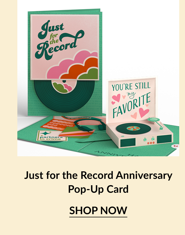 Colorful pop-up card featuring a vinyl record design with heartfelt messages, perfect for celebrating anniversaries.