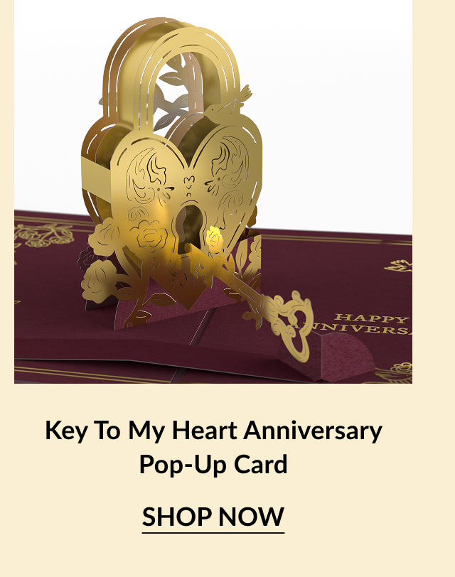 Golden pop-up card featuring a heart-shaped lock and key, with ''Happy Anniversary'' elegantly printed on a maroon background.