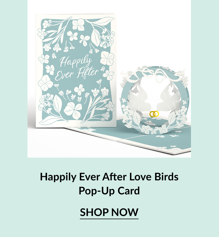 A pop-up card featuring love birds and floral design with ''Happily Ever After'' text, perfect for weddings or celebrations.