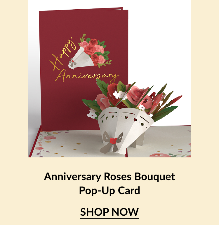A pop-up card featuring a colorful bouquet of roses and flowers, with ''Happy Anniversary'' elegantly written on the front.