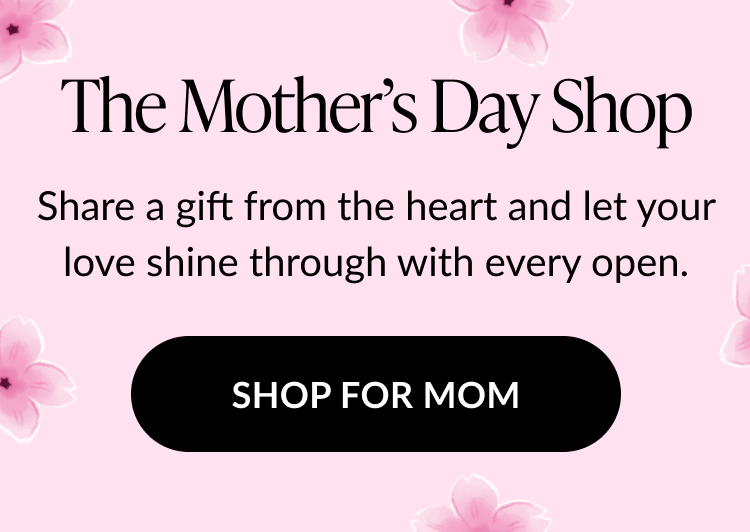 Text reading''The Mother’s Day Shop,'' inviting customers to find cards and keepsakes to express love for moms. Pink floral background.