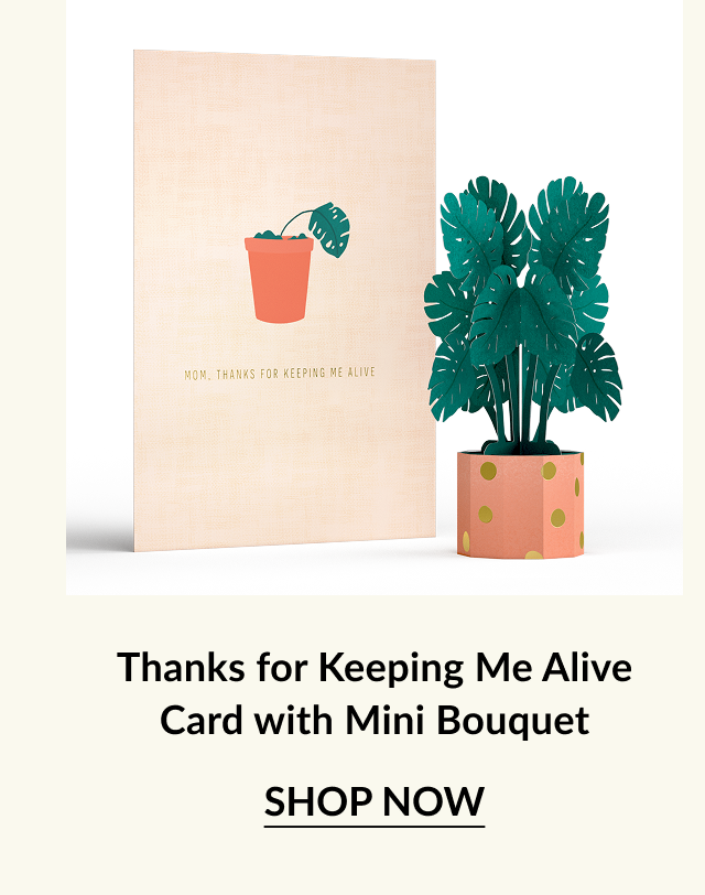 A card that says ''Mom, thanks for keeping me alive'' next to a colorful mini bouquet in a decorative pot.