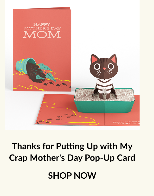 Pop-up Mother's Day card featuring a playful cat in a litter box with a humorous message, displayed alongside its colorful cover.