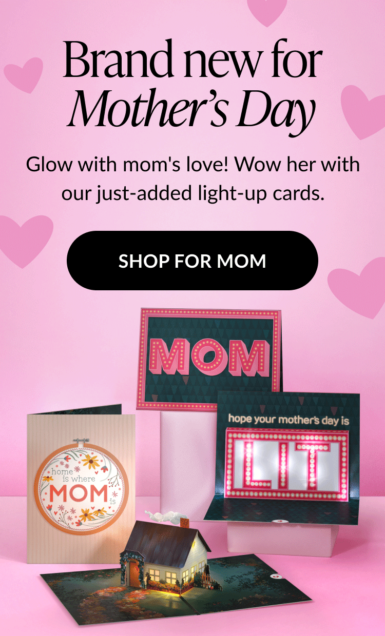 Colorful Mother's Day cards featuring light-up designs, set against a pink background with hearts and a ''Shop for Mom'' button.