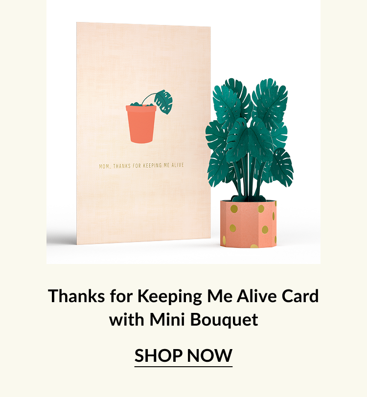 A card that says ''Mom, thanks for keeping me alive'' next to a colorful mini bouquet in a decorative pot.