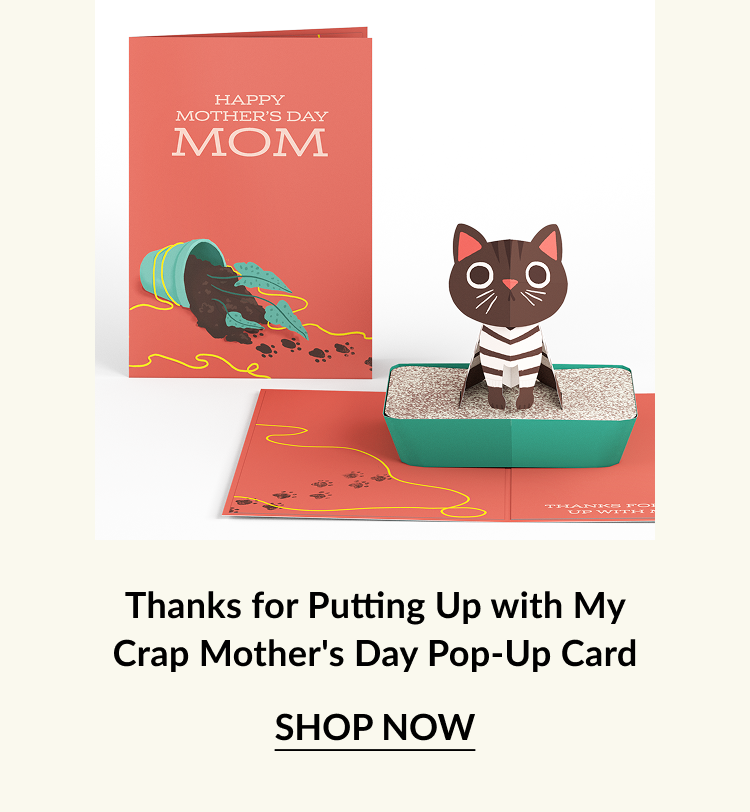 Pop-up Mother's Day card featuring a playful cat in a litter box with a humorous message, displayed alongside its colorful cover.