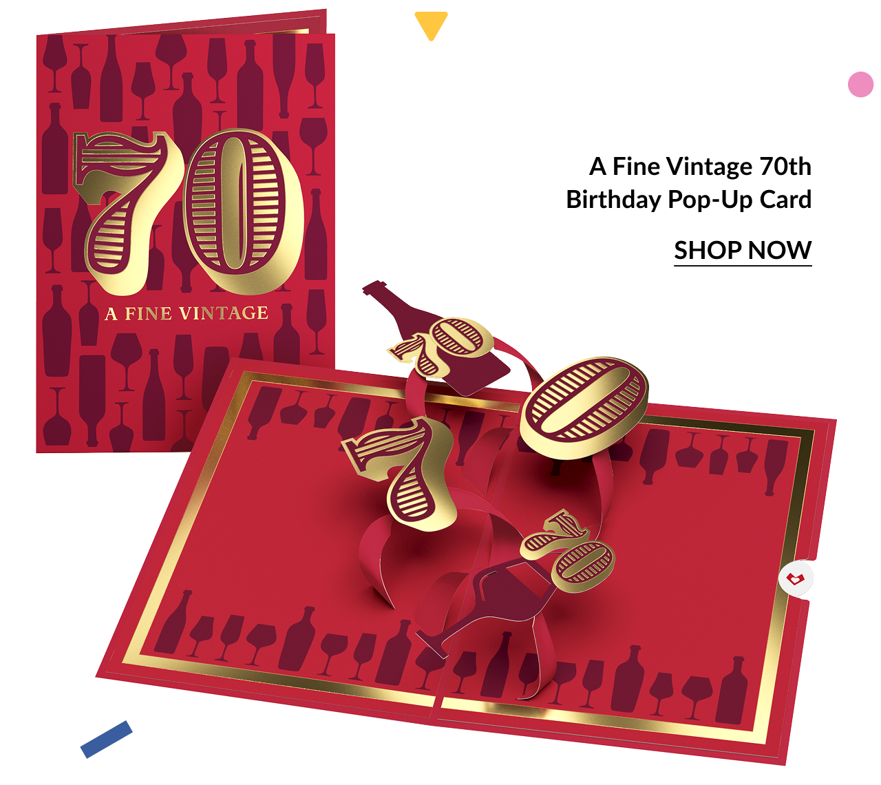 mage of a 70th birthday card featuring gold pop-up ''70'' numbers and wine bottle designs, with a ''Shop Now'' button.