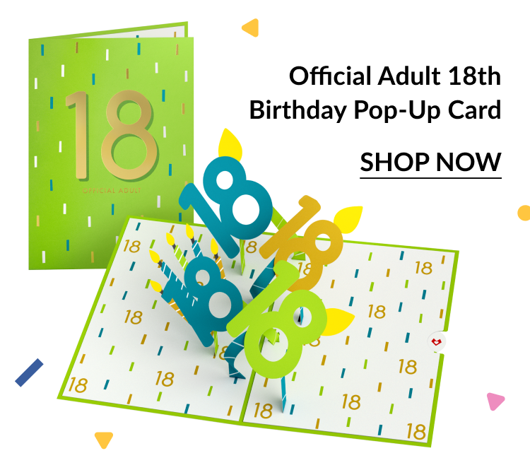 Image of a green and gold 18th birthday card with a pop-up feature of three colorful ''18'' numbers, along with a ''Shop Now'' call to action.