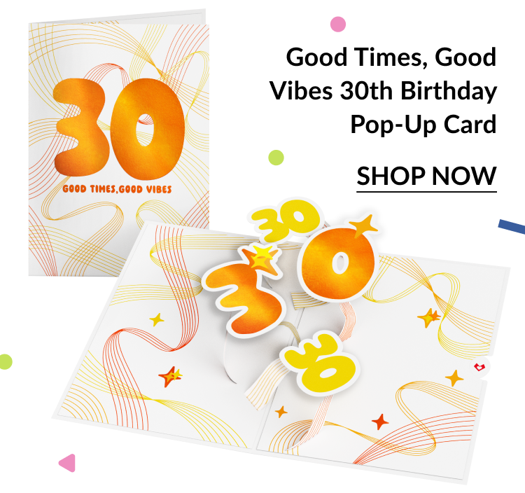 A 30th birthday pop-up card featuring orange and yellow ''30'' numbers that pop up when the card is opened. The card has a white background with red and yellow swirls and star designs. 