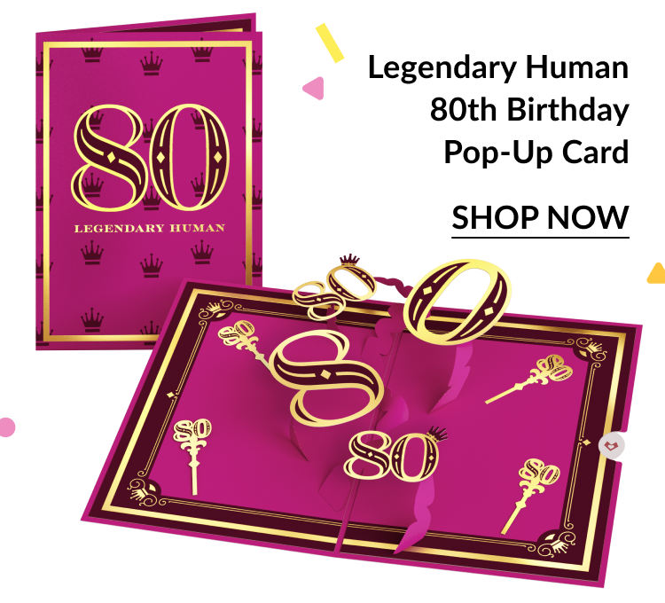 Image of an 80th birthday card featuring gold pop-up ''80'' numbers and key designs, with a ''Shop Now'' button. 
