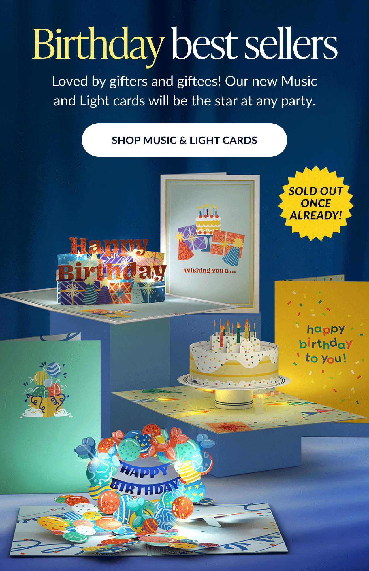 Introducing Lovepop's new Music and Lights cards. Colorful birthday cards that light up, play music, and pop up when opened, set against a blue background with a ''Shop Now'' button.