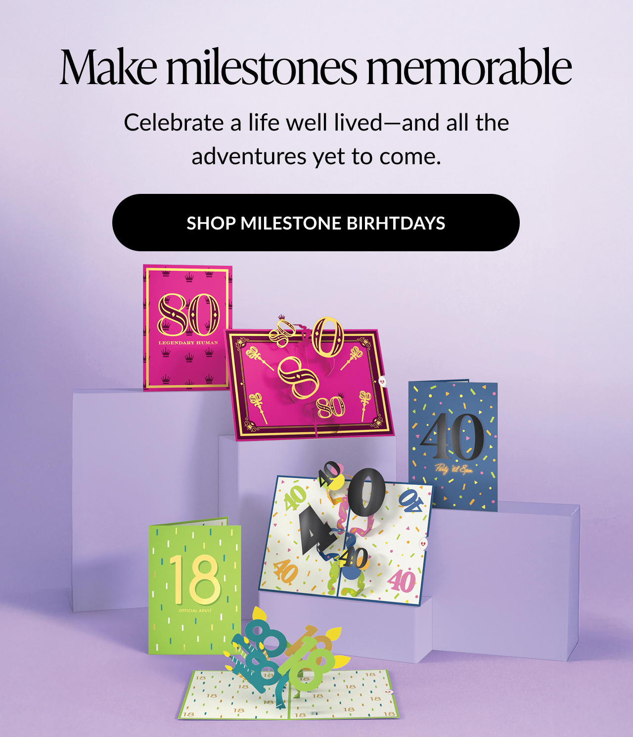 A banner featuring the new Birthday Milestone Collection at Lovepop.com.