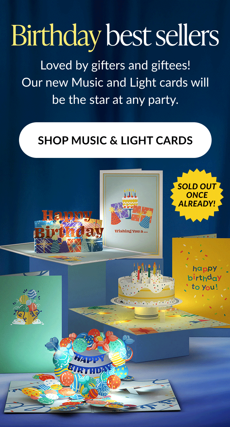 Introducing Lovepop's new Music and Lights cards. Colorful birthday cards that light up, play music, and pop up when opened, set against a blue background with a ''Shop Now'' button.