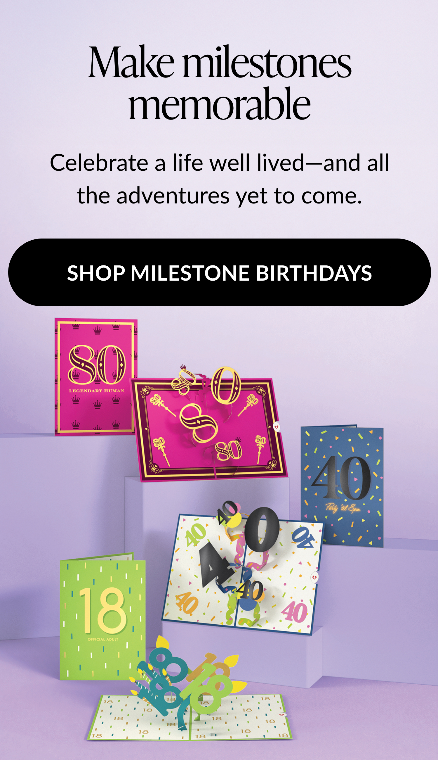 A banner featuring the new Birthday Milestone Collection at Lovepop.com.