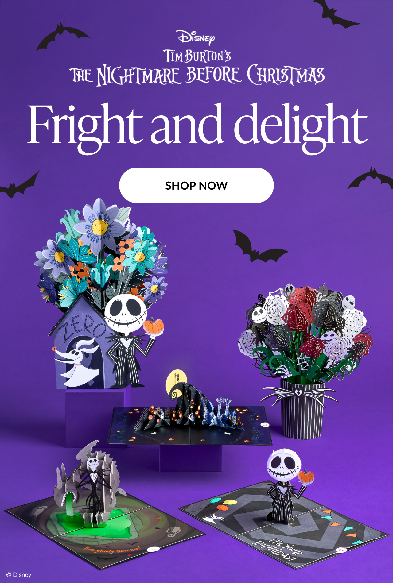 The Nightmare Before Christmas themed collection featuring Jack Skellington, Zero, and Halloween Town characters in vibrant 3D pop-up cards and bouquets.''