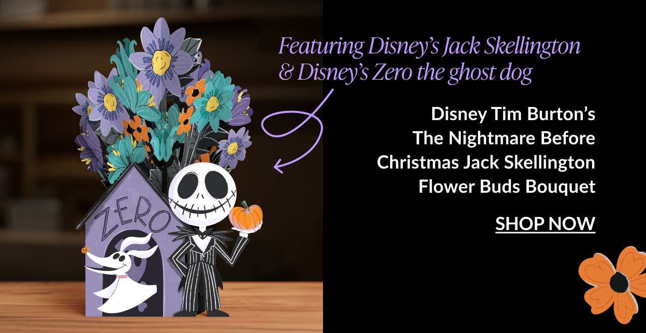 Jack Skellington holding a pumpkin next to Zero in a doghouse, with a spooky floral bouquet featuring purple and orange flowers.