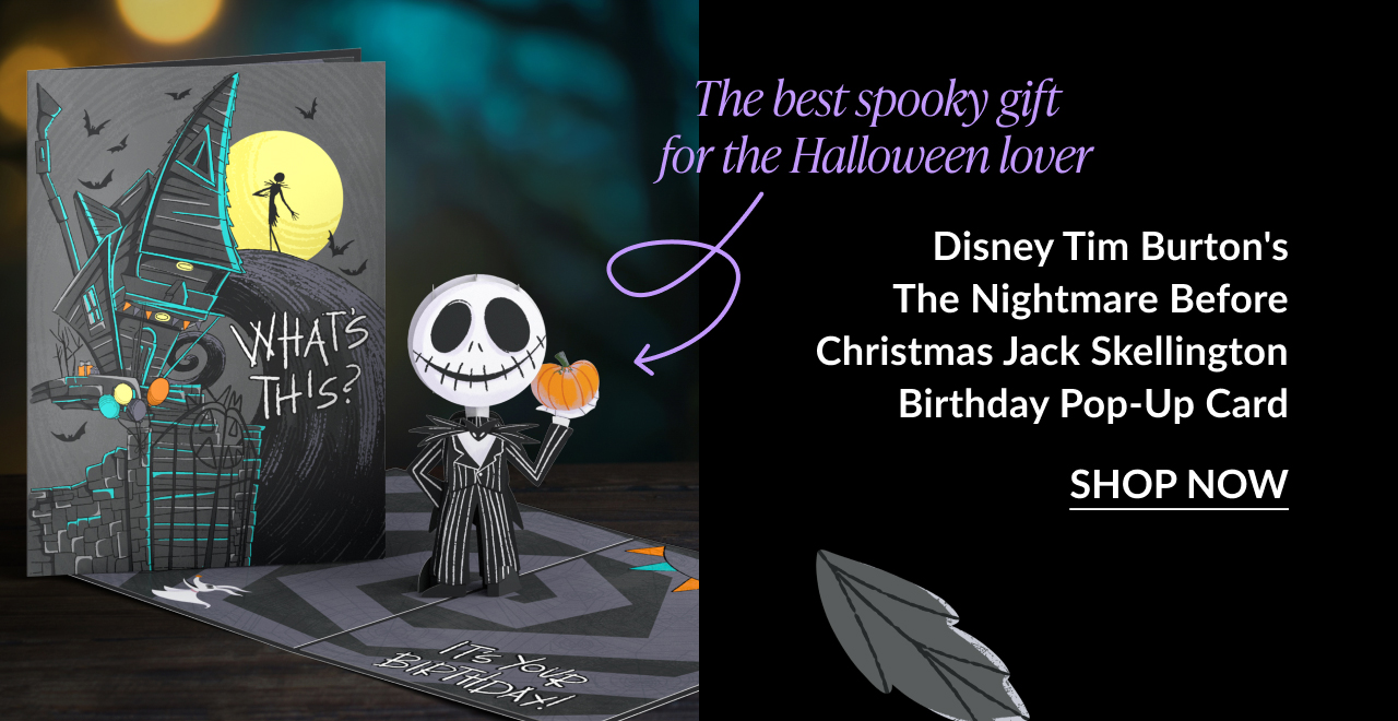 Jack Skellington holding a pumpkin with a 'What’s This?' pop-up design for a spooky birthday celebration.