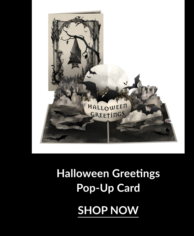 Gothic-style pop-up card with bats and a haunted landscape, featuring the message ''Halloween Greetings'' in black and white tones.