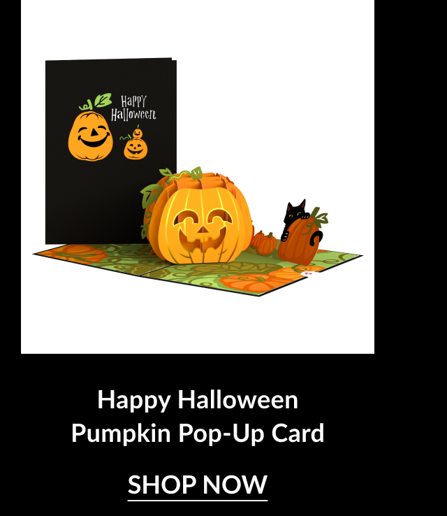 Pop-up card featuring a cheerful jack-o-lantern pumpkin and a black cat, with a festive ''Happy Halloween'' message on the card.
