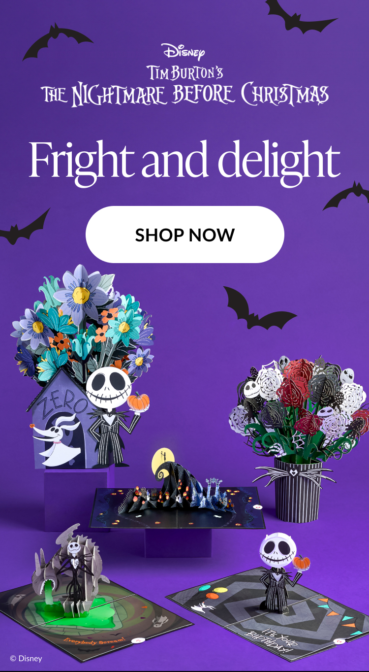 The Nightmare Before Christmas themed collection featuring Jack Skellington, Zero, and Halloween Town characters in vibrant 3D pop-up cards and bouquets.''