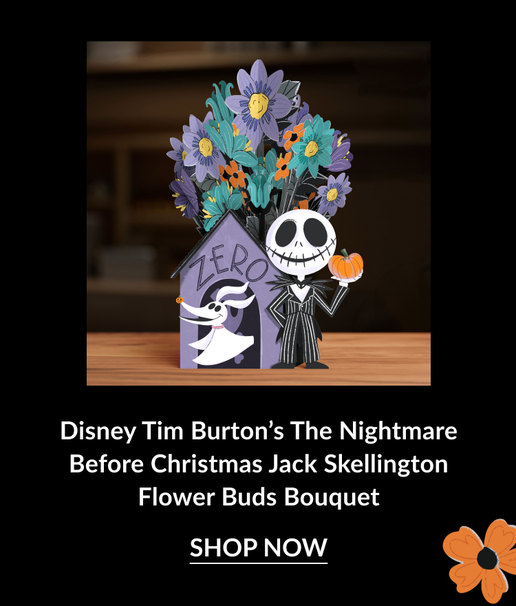 Jack Skellington holding a pumpkin next to Zero in a doghouse, with a spooky floral bouquet featuring purple and orange flowers.