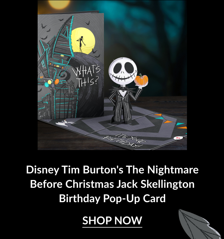 Jack Skellington holding a pumpkin with a 'What’s This?' pop-up design for a spooky birthday celebration.