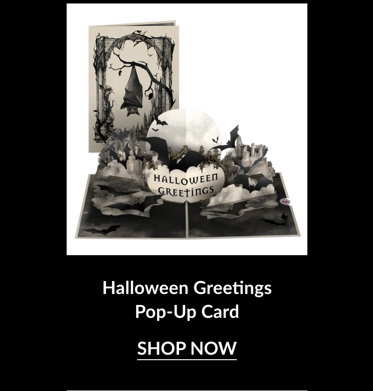 Gothic-style pop-up card with bats and a haunted landscape, featuring the message ''Halloween Greetings'' in black and white tones.