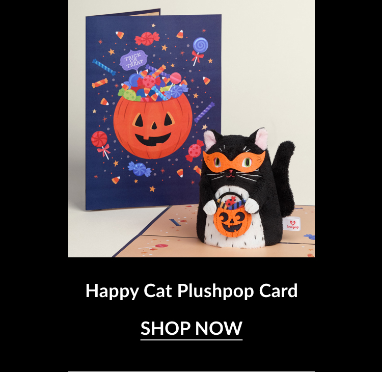 Halloween-themed pop-up card featuring a black cat with a jack-o-lantern and trick-or-treat candy in the background.