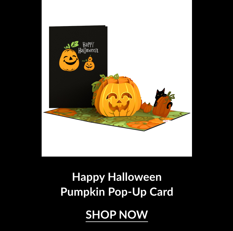 Pop-up card featuring a cheerful jack-o-lantern pumpkin and a black cat, with a festive ''Happy Halloween'' message on the card.