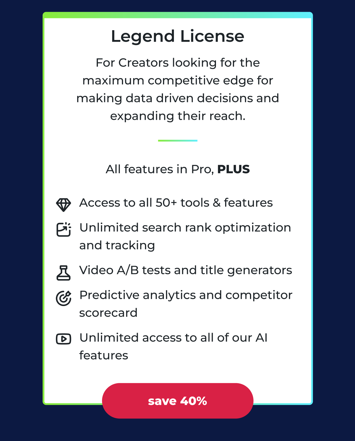 Legend License for creators looking for the maximum competitive edge for making data driven decisions and expanding their reach. All features in Pro, PLUS. save 40%