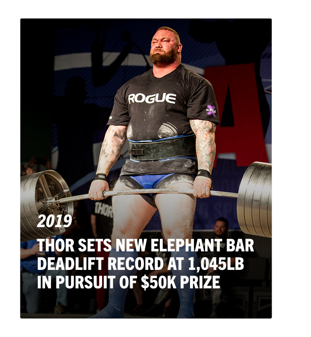 2019 - Thor stes new Elephant Bar Deadlift record at 1,045LB in pursuit of 50K prize