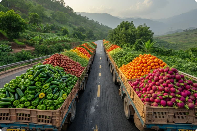 Trucks on the highway full of fresh produce. 