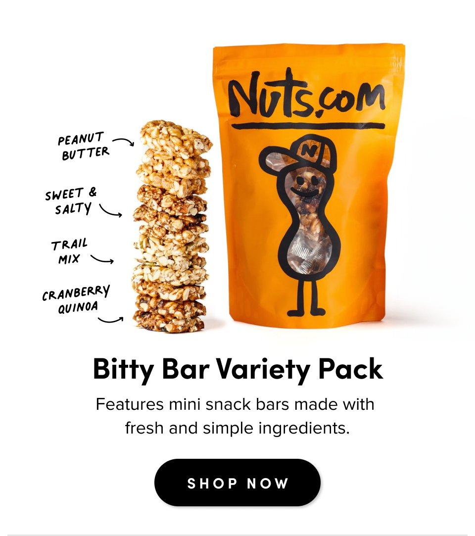 Bitty Bar Variety Pack Features mini snack bars made with  fresh and simple ingredients. SHOP NOW