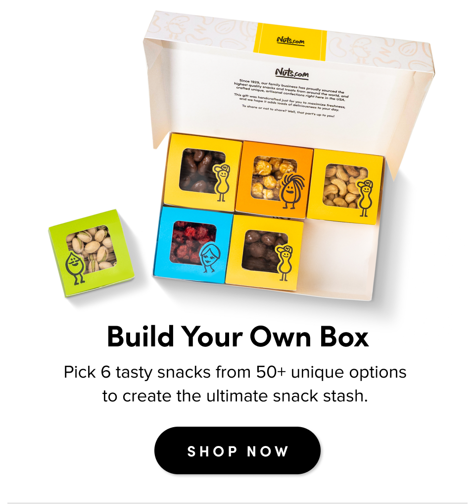 Build Your Own Box; Pick 6 tasty snacks from 50+ unique options to create the ultimate snack stash. Shop Now