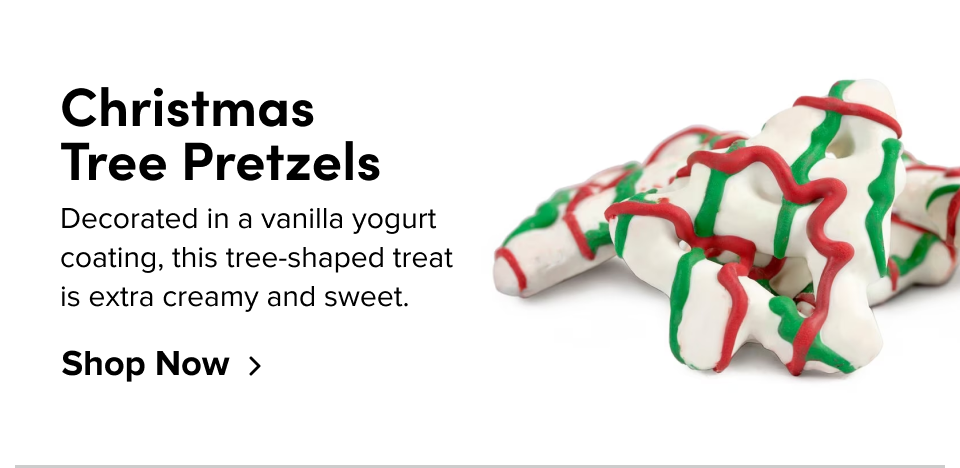 Christmas  Tree Pretzels Decorated in a vanilla yogurt coating, this tree-shaped treat is extra creamy and sweet. Shop Now