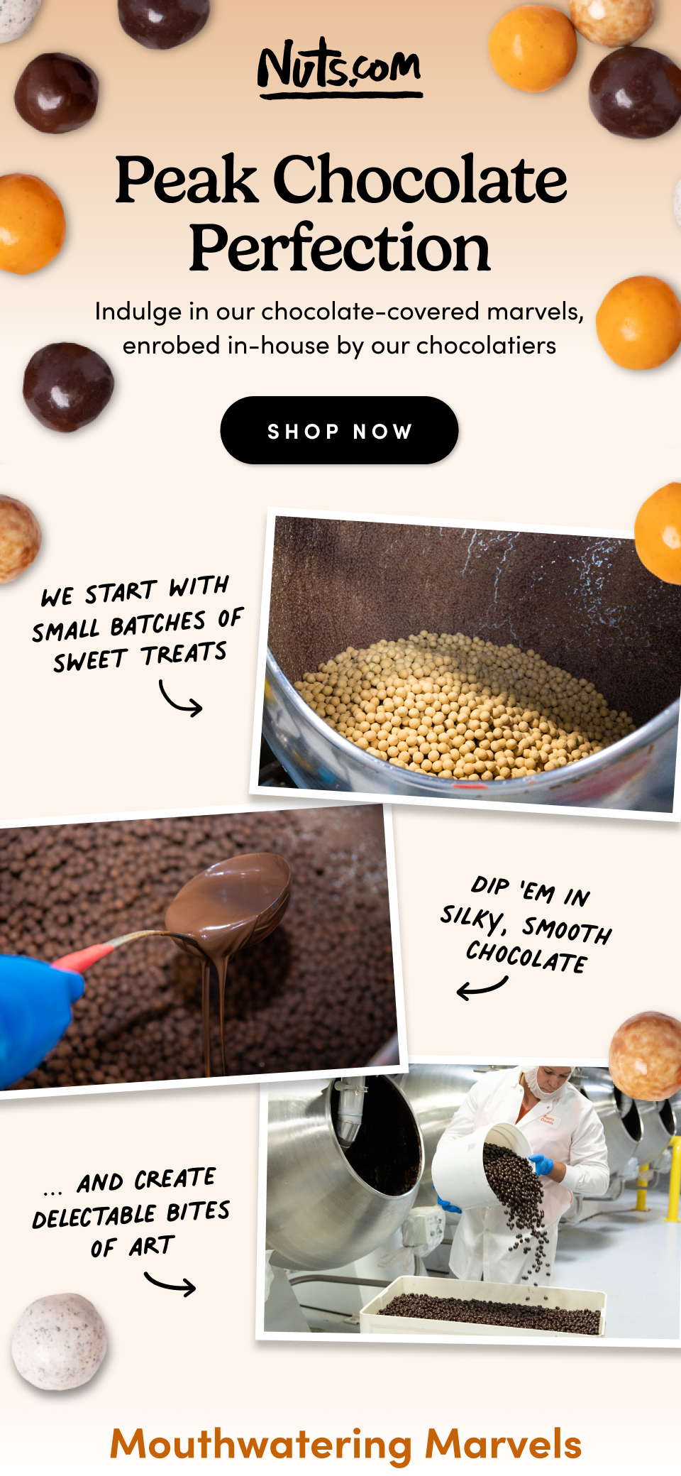 Nuts.com; Peak Chocolate Perfection ; Indulge in our chocolate-covered marvels, enrobed in-house by our chocolatiers ; We start with small batches of sweet treats; Dip 'em in  silky, smooth  chocolate; ... and create delectable bites of art. SHOP NOW. Mouthwatering Marvels 