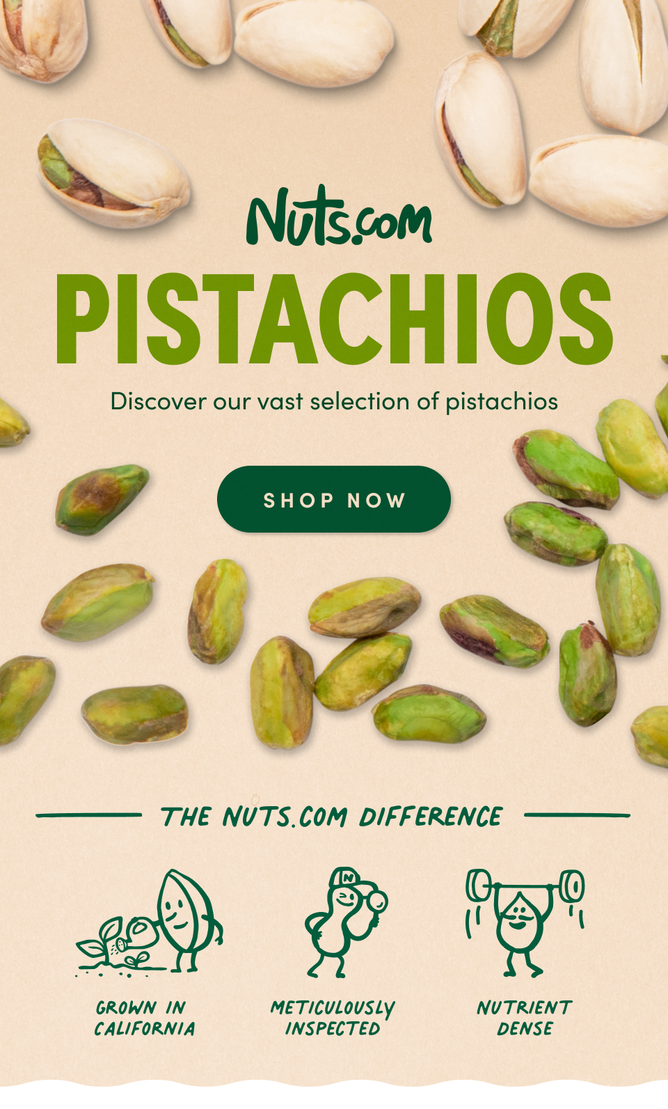 Nuts.com; PISTACHIOS; Discover our vast selection of pistachios; SHOP NOW. THE NUTS.COM DIFFERENCE; GROWN IN CALIFORNIA, METICULOUSLY INSPECTED, NUTRIENT DENSE