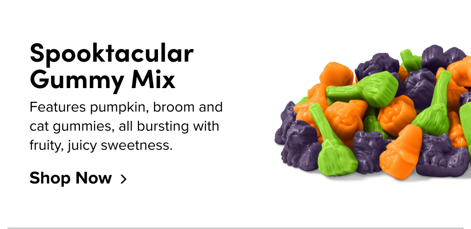 Spooktacular Gummy Mix Features pumpkin, broom and cat gummies, all bursting with fruity, juicy sweetness. Shop Now
