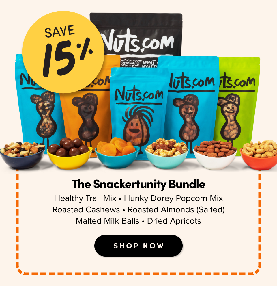 Save 15%; The Snackertunity Bundle Healthy Trail Mix • Hunky Dorey Popcorn Mix Roasted Cashews • Roasted Almonds (Salted) Malted Milk Balls • Dried Apricots shop Now