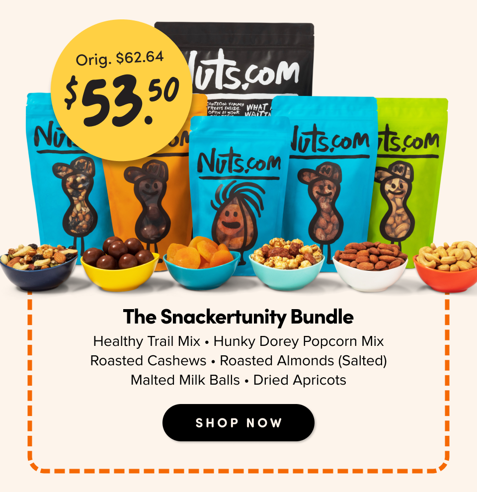 Oirignal $62.64; now $53.50; The Snackertunity Bundle Healthy Trail Mix • Hunky Dorey Popcorn Mix Roasted Cashews • Roasted Almonds (Salted) Malted Milk Balls • Dried Apricots shop Now