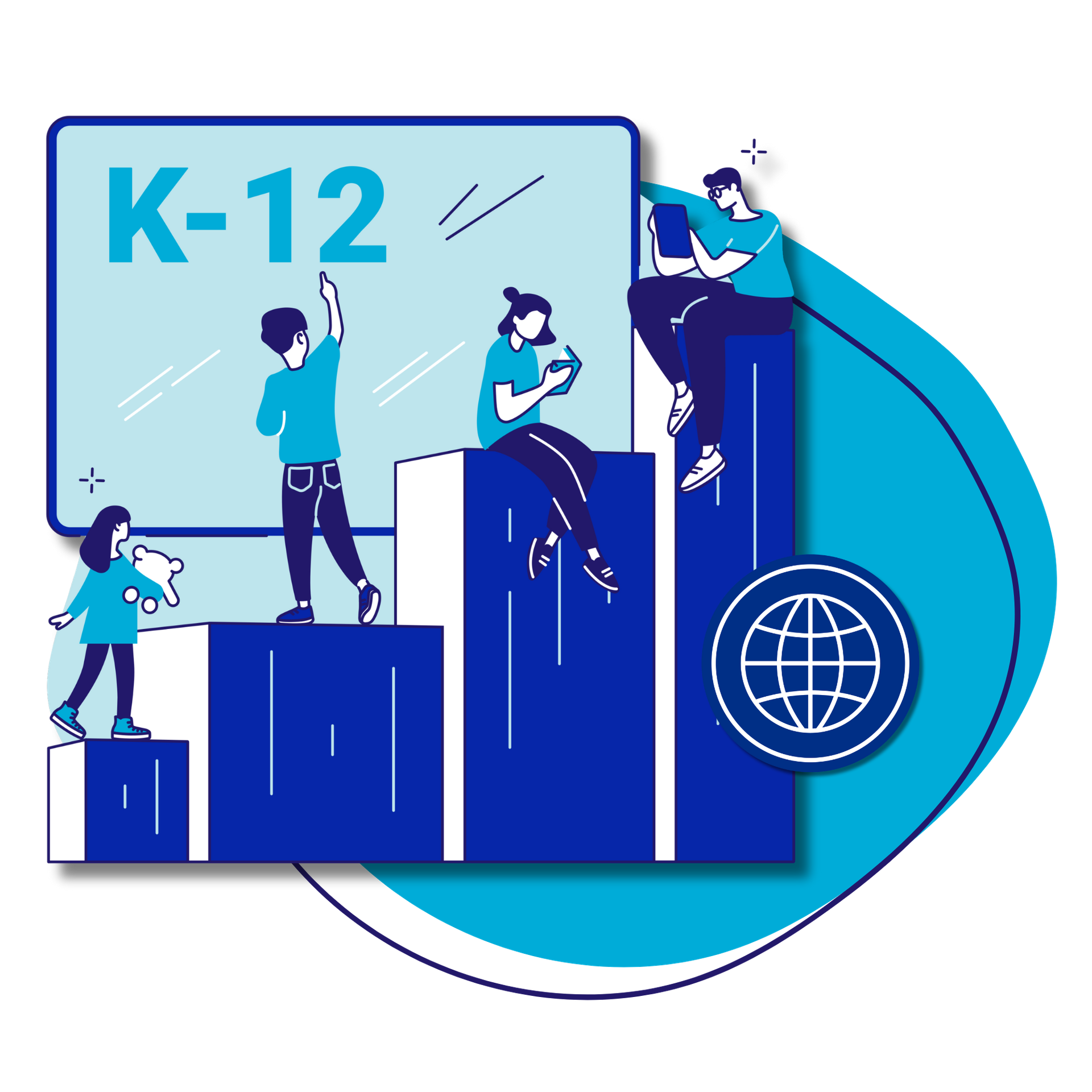 An image of students sitting along a bar chart. Click to engage.