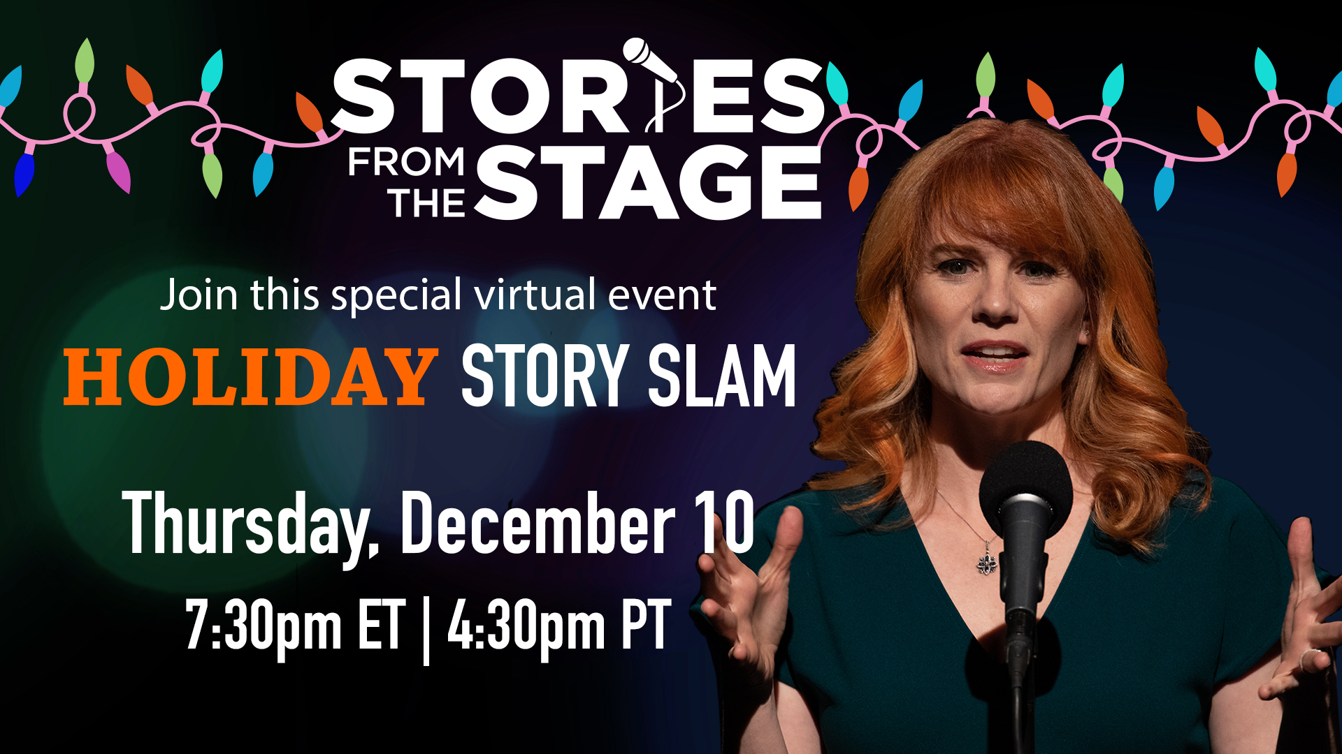 A storyteller surrounded by holiday decorations tells a story from the stage. A storyteller surrounded by holiday decorations tells a story from the stage.