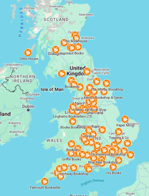 A map of Independent Bookshops in the UK