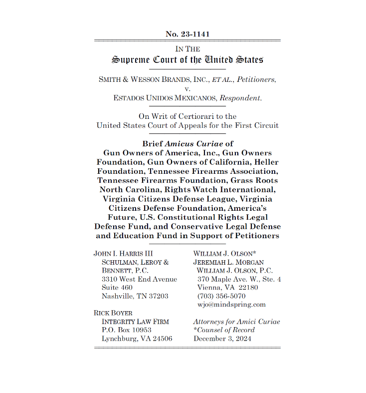Cover sheet of GOF's Smith & Wesson v. Mexico amicus brief