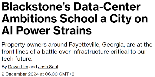 Screenshot of headline reading: Blackstone's Data-Center Ambitions School a City on AI Power Strains