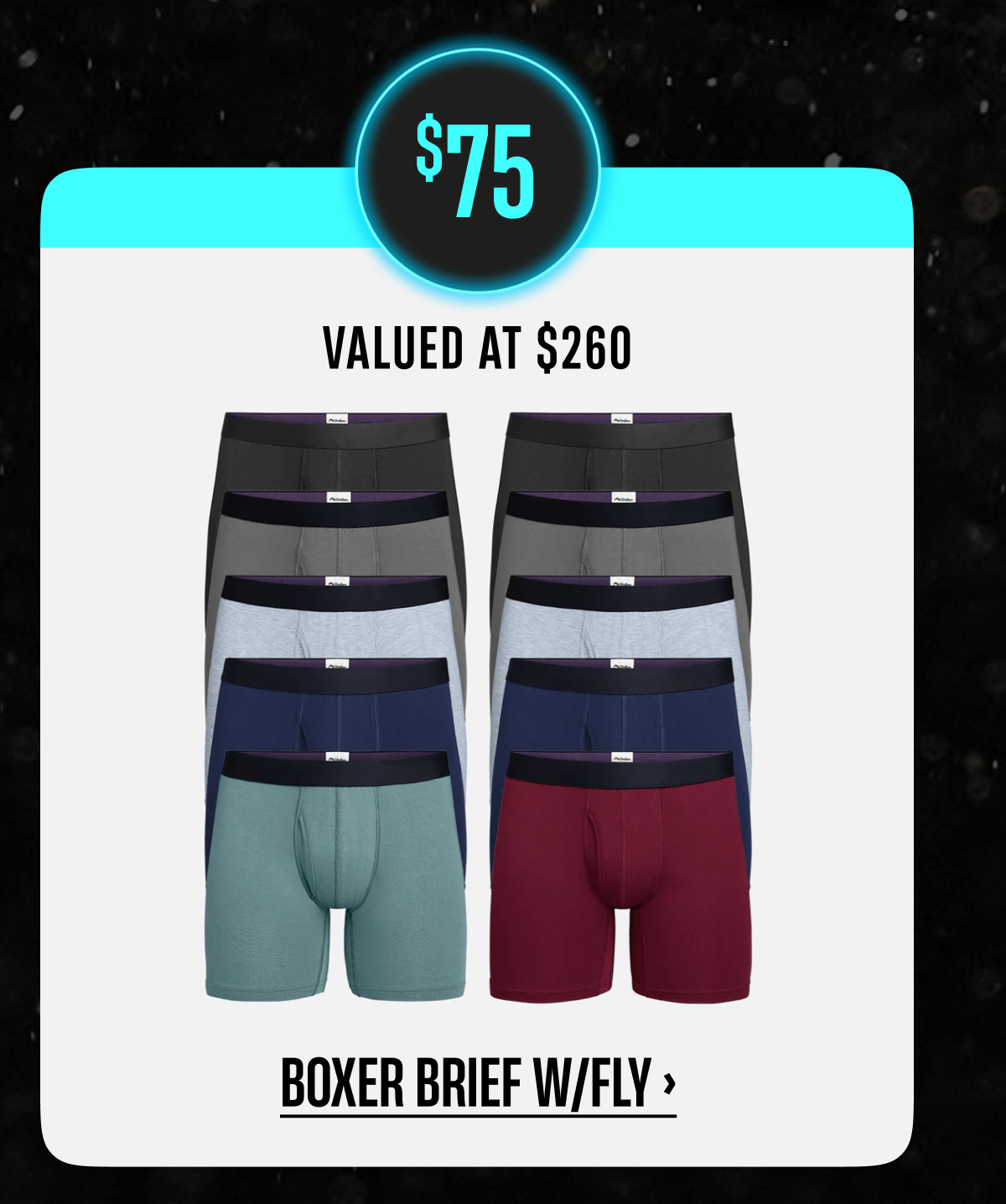 $75 | Valued at $260 | Boxer Brief W/Fly