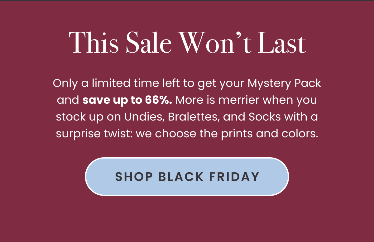 Body: Only a limited time left to get your Mystery Pack and save up to 66%. More is merrier when you stock up on Undies, Bralettes, and Socks with a surprise twist: we choose the prints and colors. CTA: Shop Black Friday